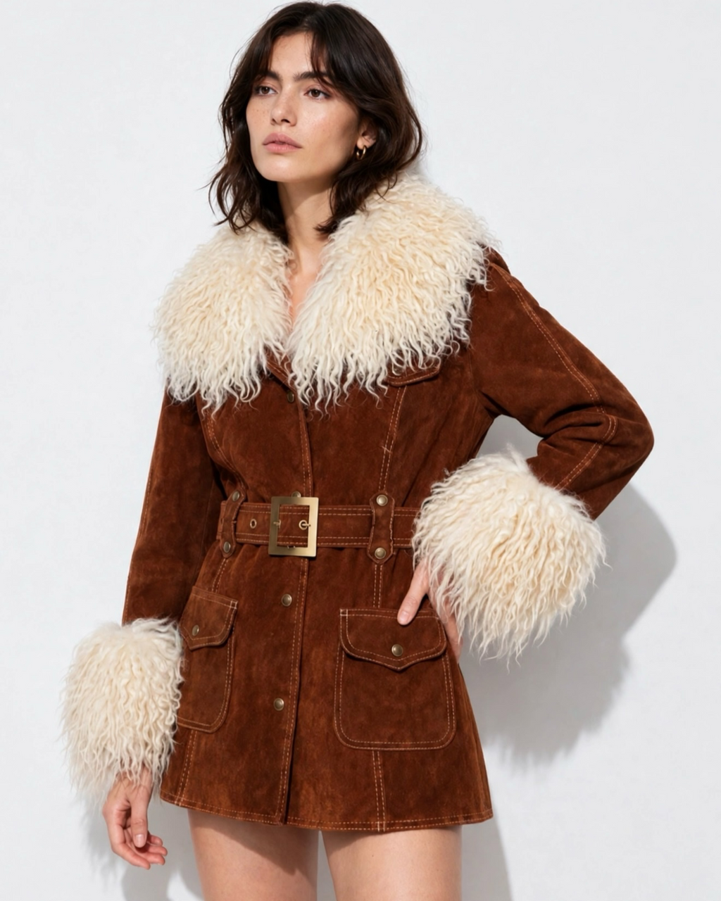 70s dark brown heavy cow suede Penny lane car coat by Gassy Jack with metal snaps , pockets, belt , and genuine Mongolian fur trim collar and cuffs in natural cream tone and contrast cream tone stitching .