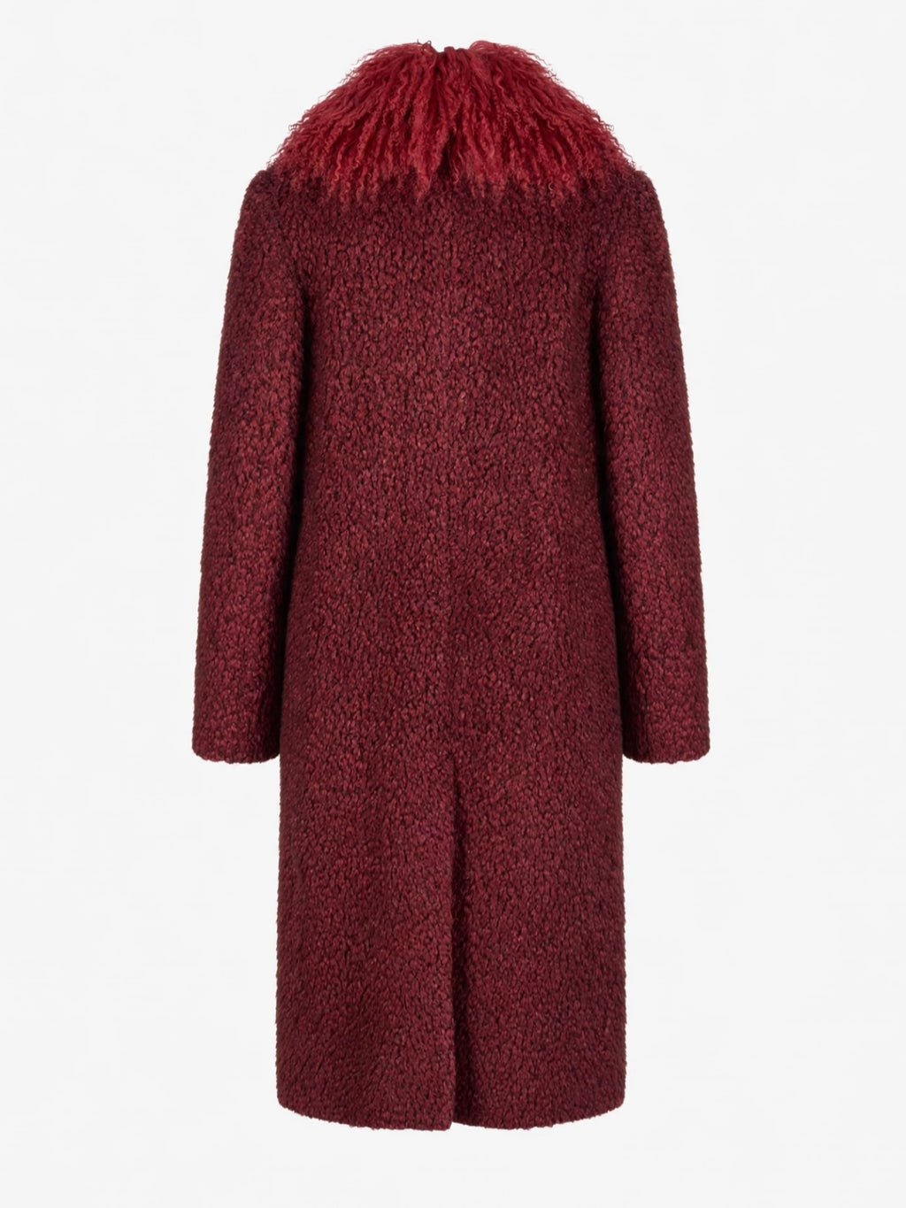 Burgundy wool trench back view with Mongolian fur collar shown on white background 
