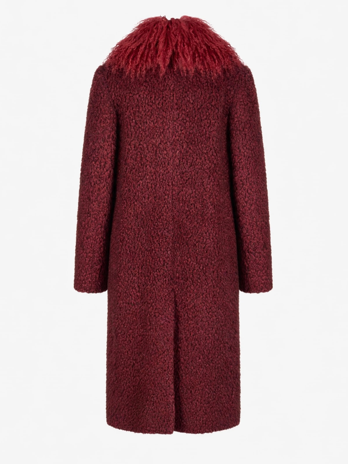 Burgundy wool trench back view with Mongolian fur collar shown on white background 
