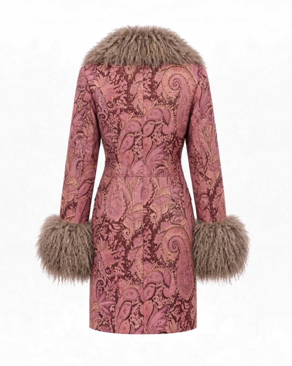 Pink and brown paisley penny lane shearling fur trim tapestry duster mid length lightweight coat with taupe / brown fur trim collar and cuffs , on a white background , back view of coat 