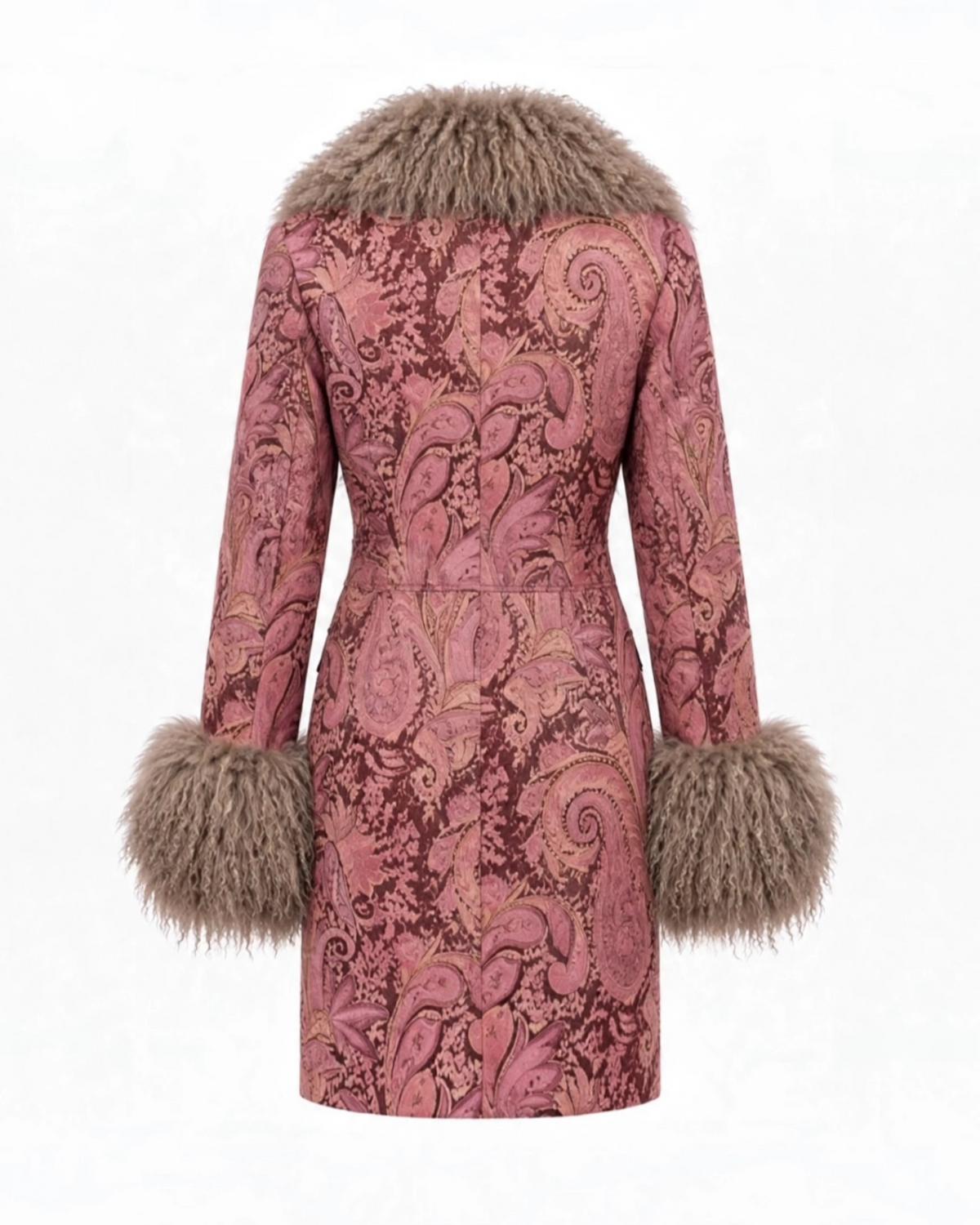 Pink and brown paisley penny lane shearling fur trim tapestry duster mid length lightweight coat with taupe / brown fur trim collar and cuffs , on a white background , back view of coat 