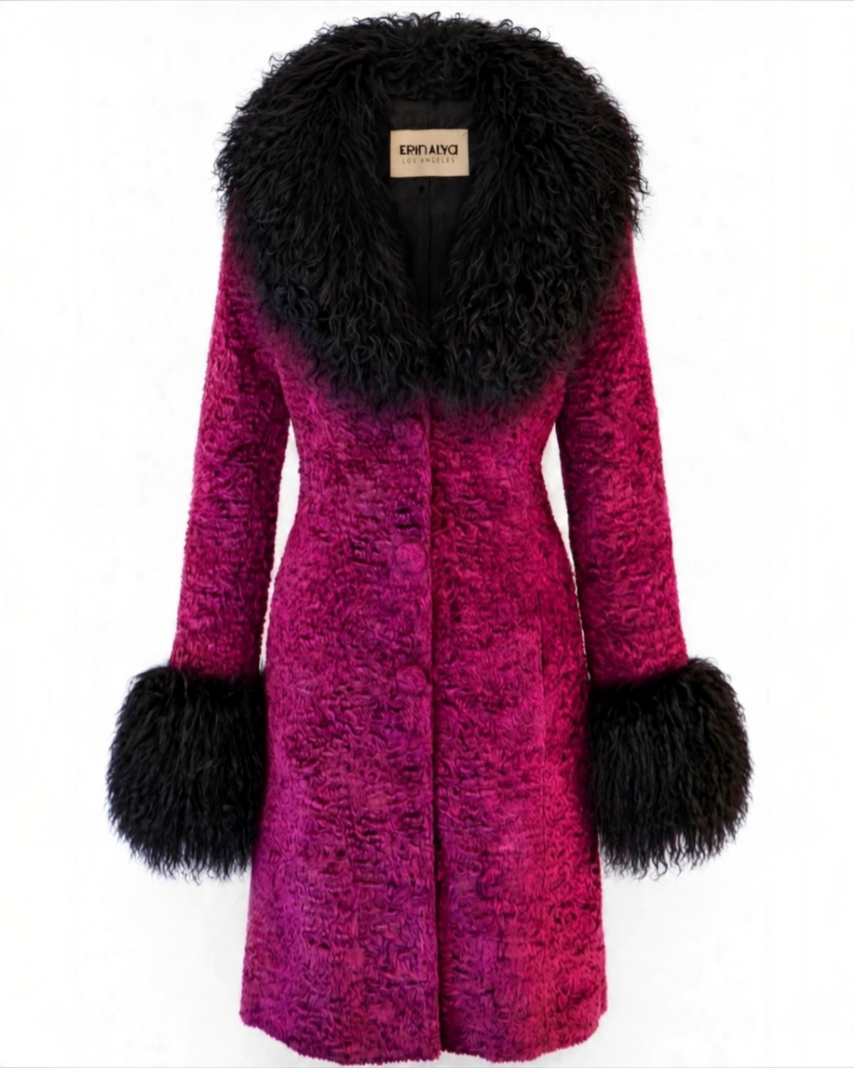 Berry faux Persian lamb textured velvet coat with black dramatic fluffy Mongolian fur collar and cuffs shown on a white background with the designer label tag displayed inside that reads Erin Alva Los Angeles. 