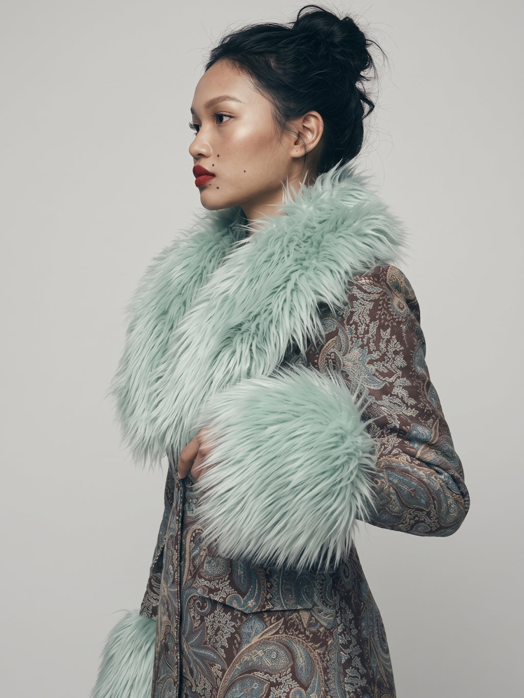 A model in profile wearing a light blue - light mint green shearling   collar and matching fur cuffs over a brown and blue / gray  tone multicolor paisley patterned tapestry coat, against a plain light gray background.