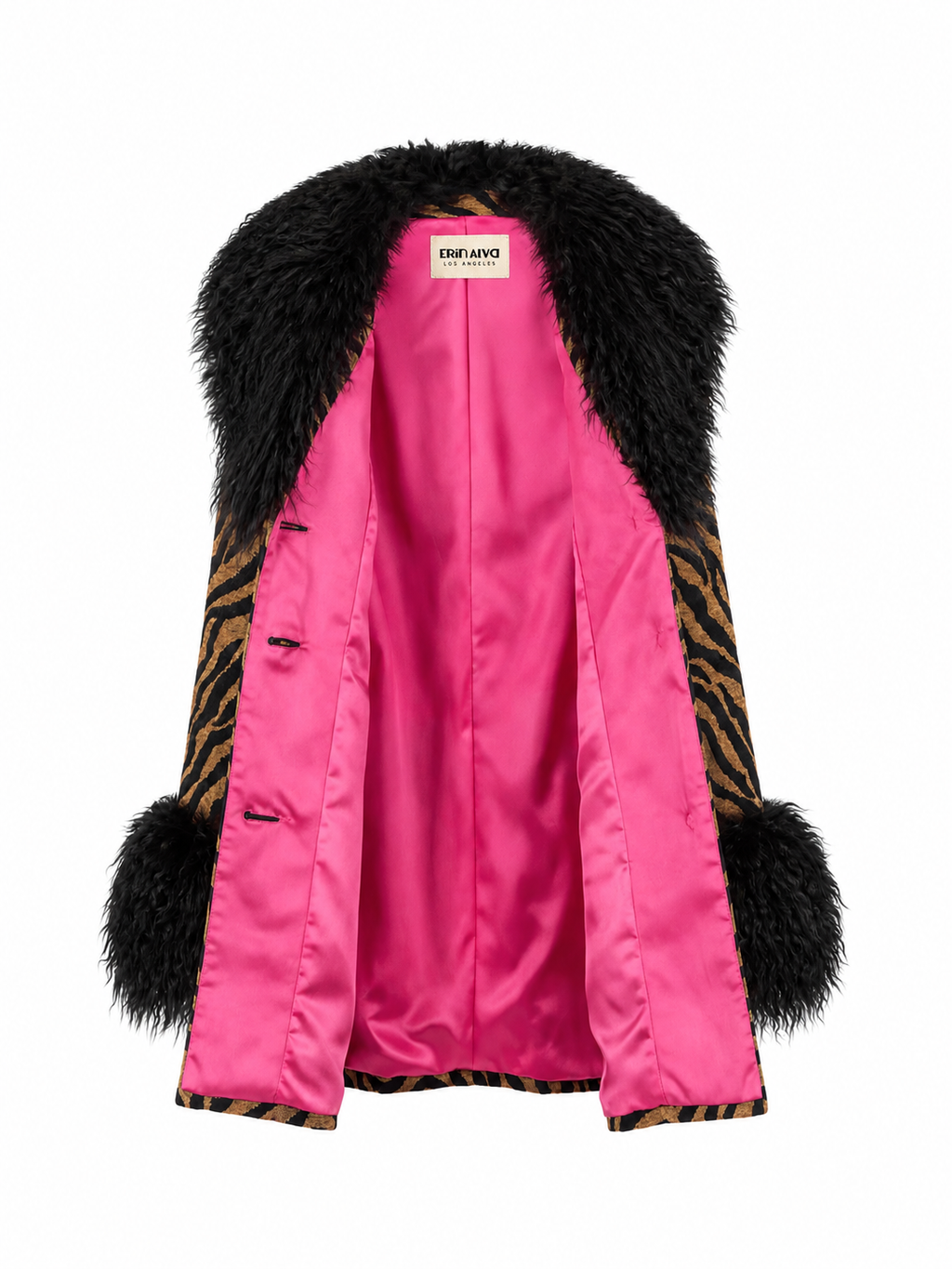 Interior display of coat open to show the pink satin interior . Label tag in neckline reads Erin Alva Los Angeles. 