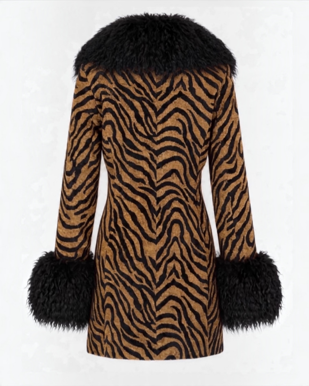 Back view of Erin Alva coat brown and black textured zebra animal print tapestry coat body with black Mongolian fur collar  and cuffs 