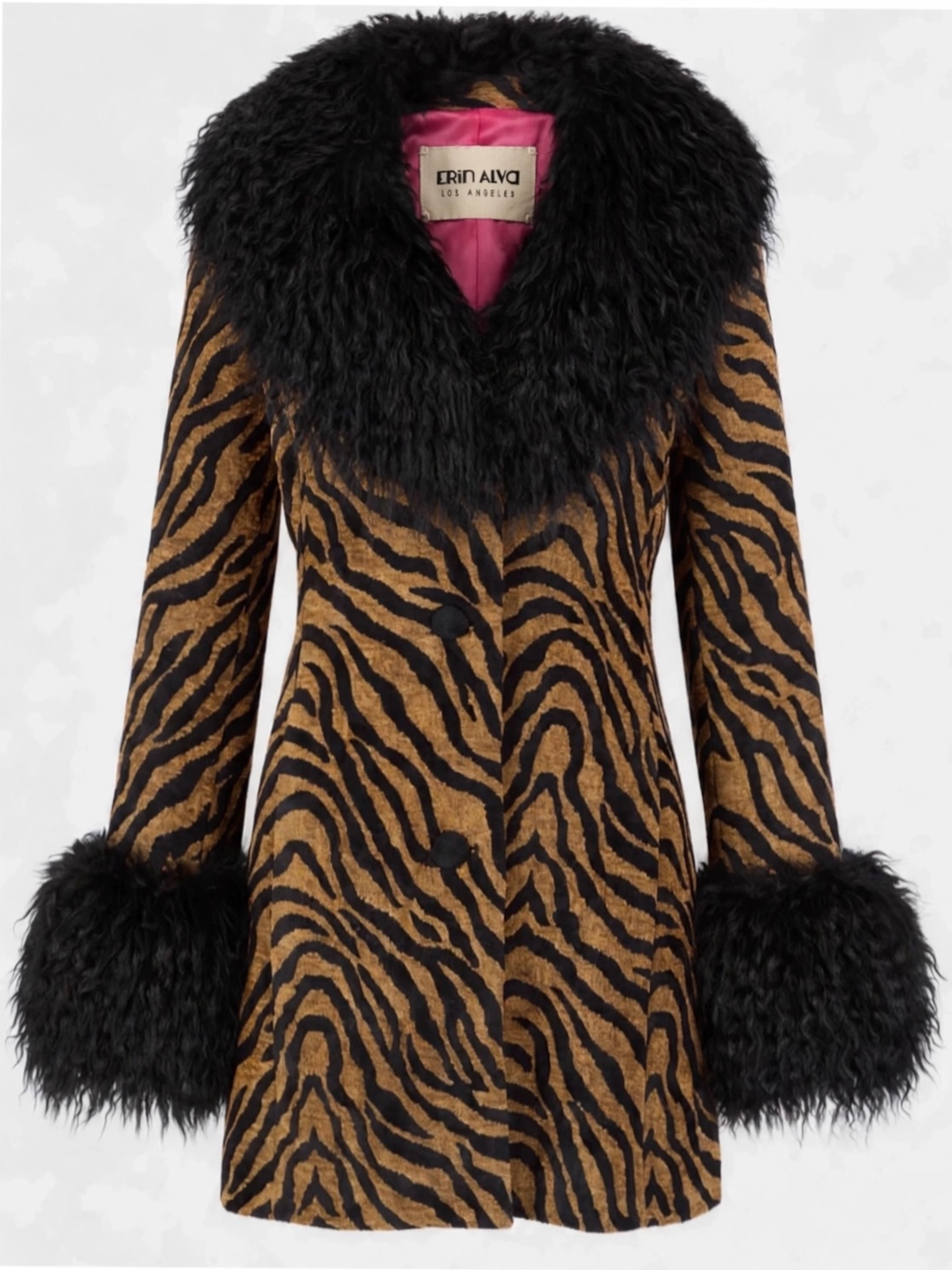 Animal print brown and black textured tapestry coat with black Mongolian fur collar and cuffs and interior pink lining . Shown on white background 