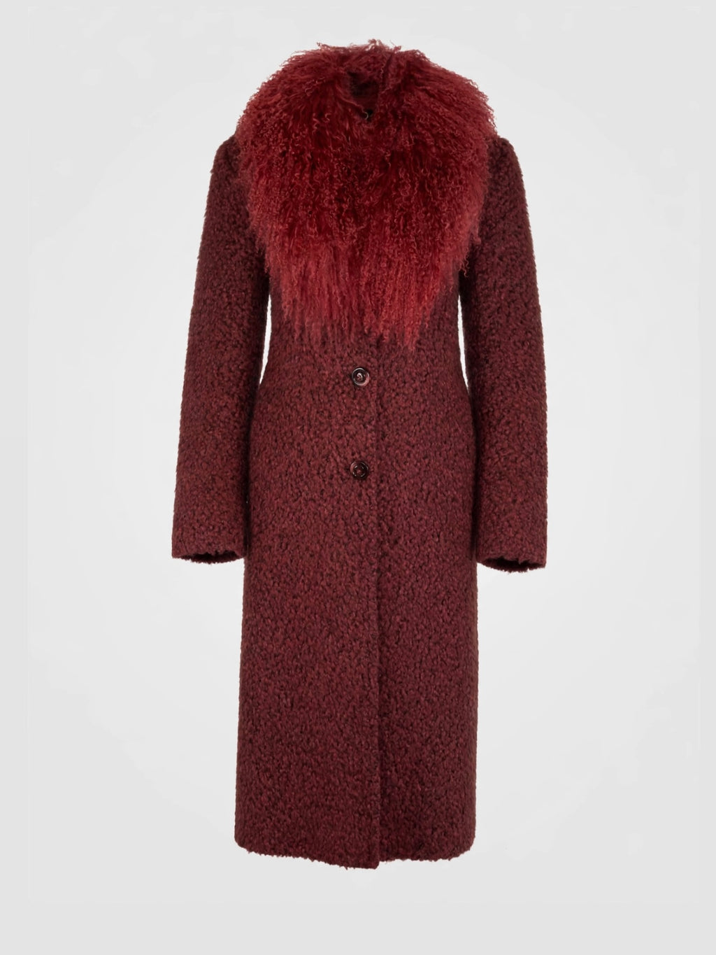 Burgundy Italian wool trench with Mongolian fur collar shown on a white background 