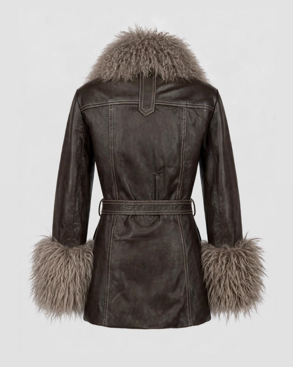 Back view of dark brown vintage 70s leather mini coat with belt contrast stitching taupe shaggy shearling cuffs and collar 