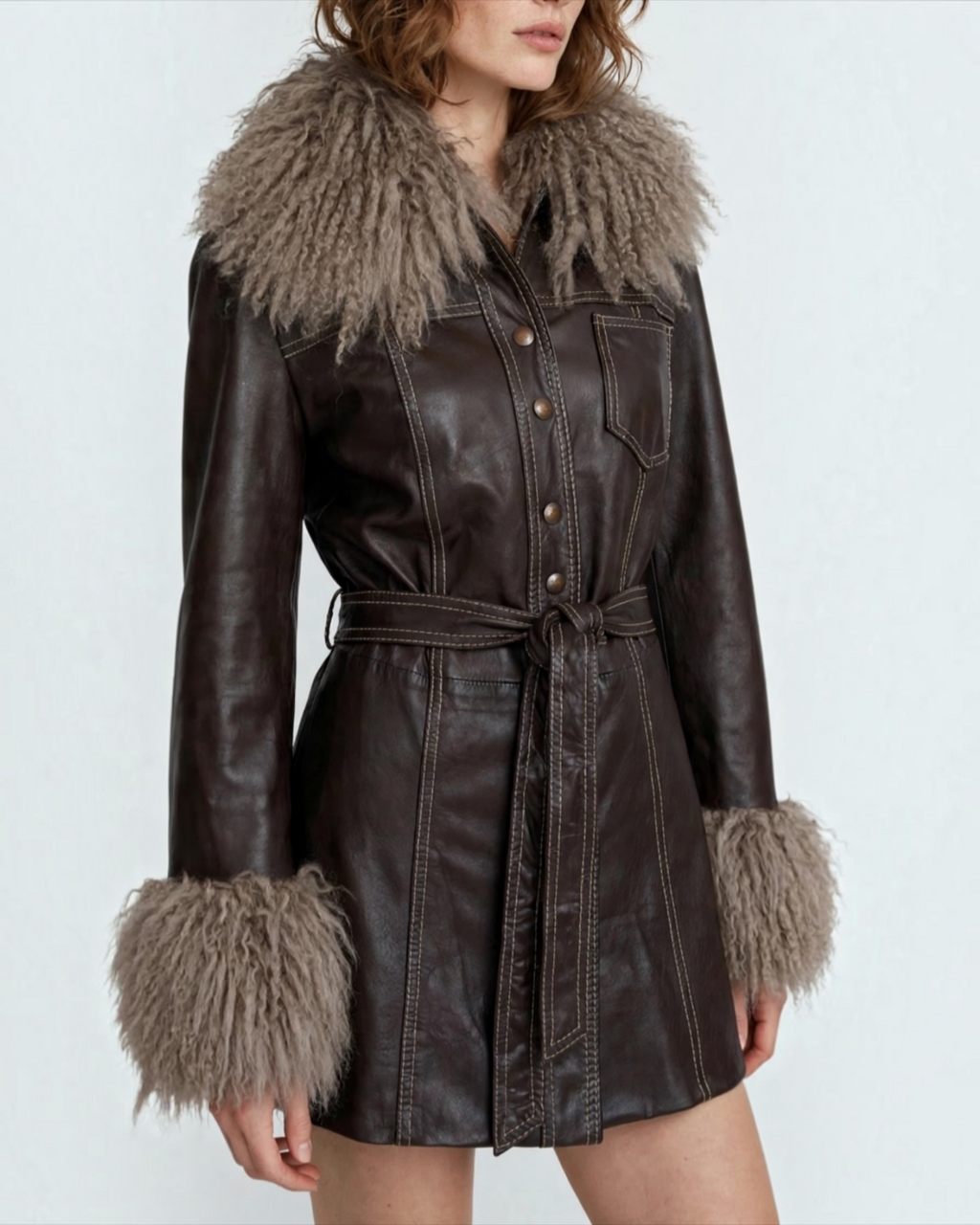 Dark brown 70s leather car coat contrast stitching taupe shearling fur trim collar and cuffs white studio background 