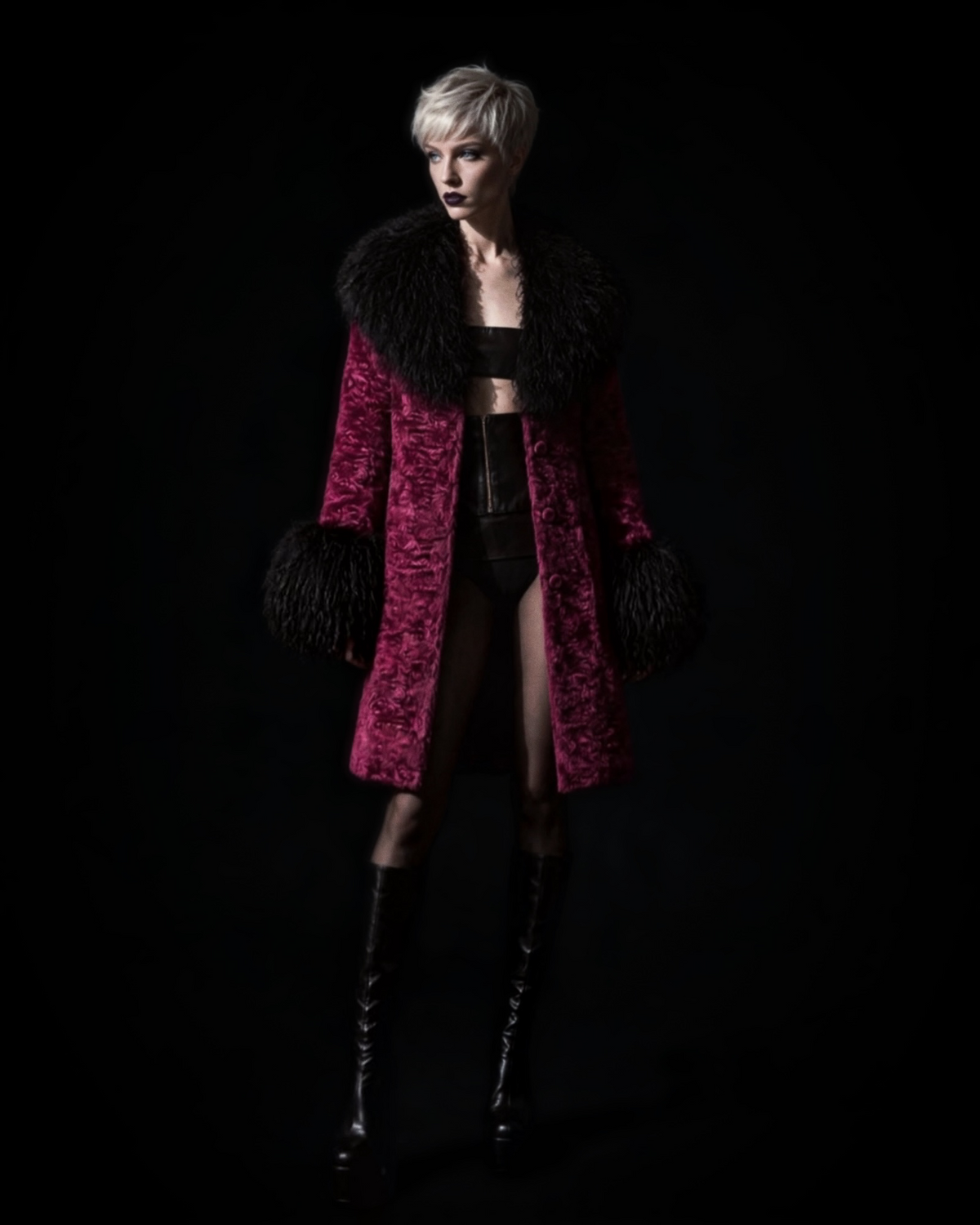 Deep berry tone faux Persian lamb textured velvet mid length coat with black Mongolian fur collar and cuffs worn on a blonde model wearing black leather boots and a black leather crop top and short black shorts and black tights. 
