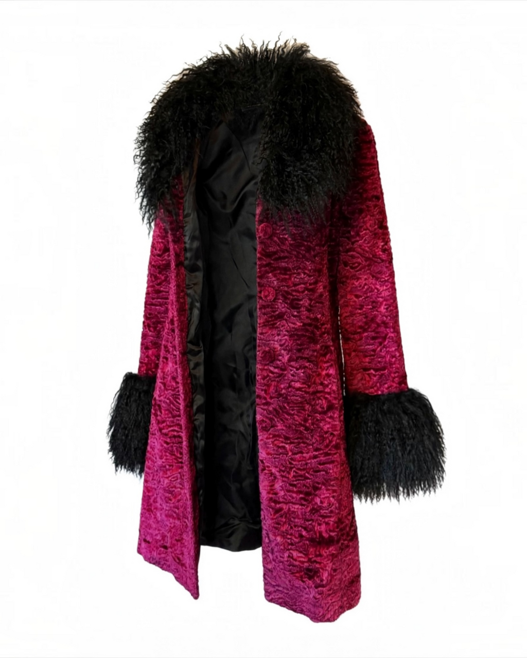 Erin Alva coat berry magneta fuschia wine crimson burgundy tone textured velvet faux Persian lamb texture mid length coat with black real Mongolian fur collar and cuffs shown open unbuttoned with black satin lining and on a white background positioned at 3/4 angle 