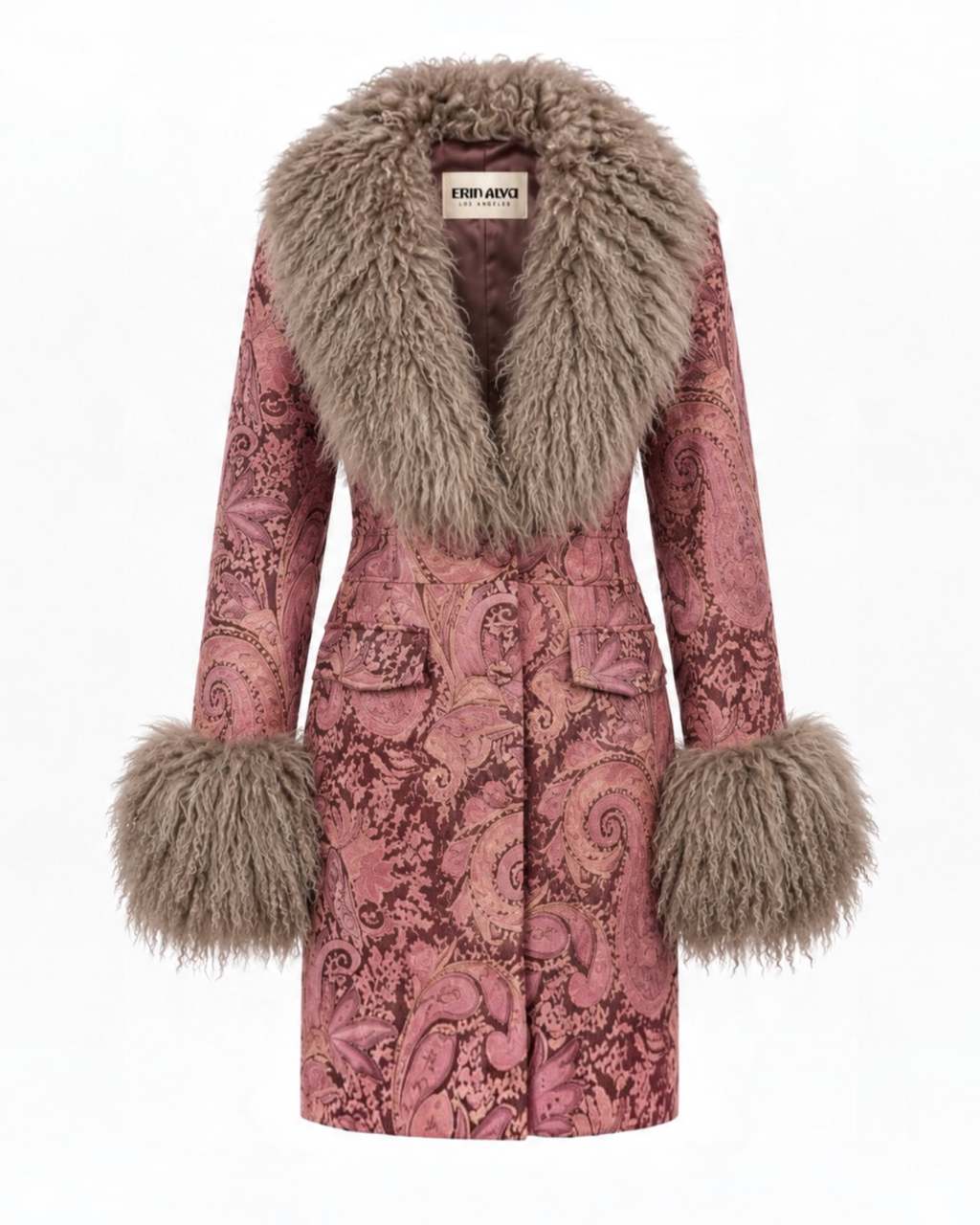 A pink and brown paisley 70’s inspired patterned tapestry duster coat with luxury  taupe / brown  mongolian fur  trim at the collar and cuffs, shown on a plain white background 