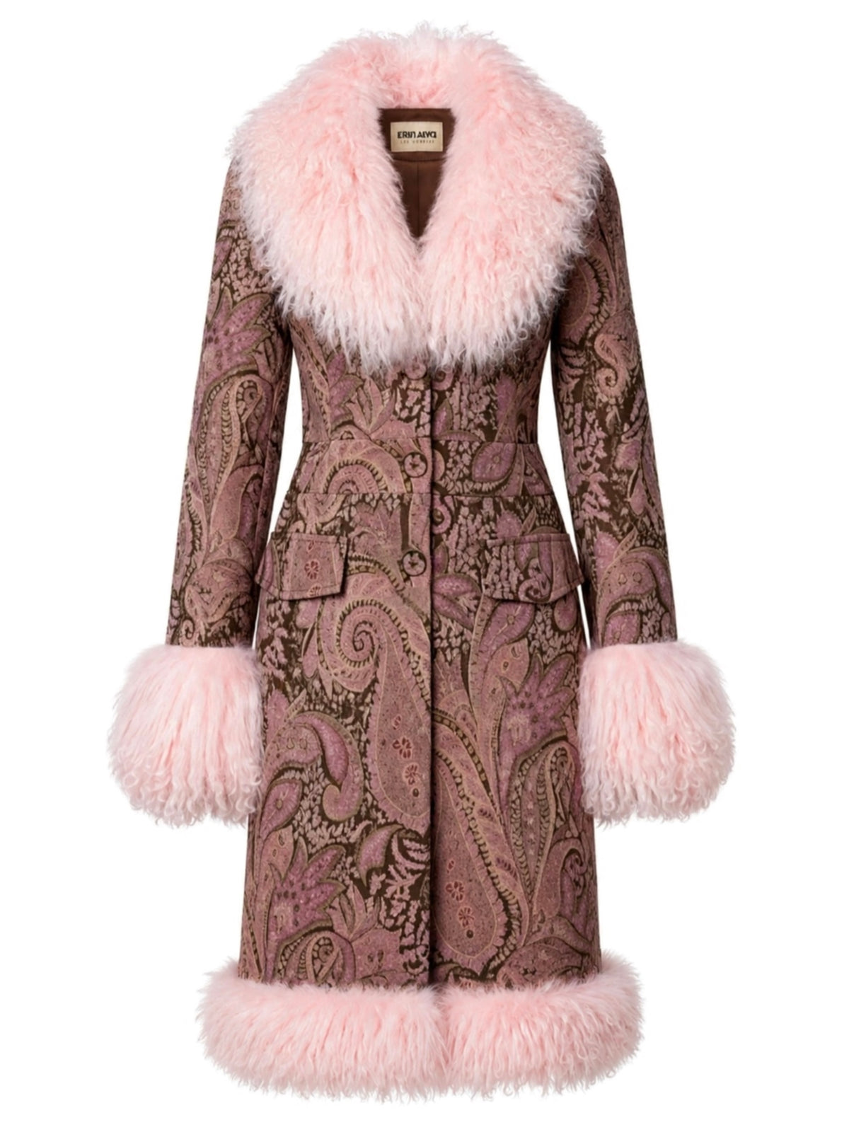 Paisley pink and brown penny lane style fur trim mid length coat shown on white background with brand label tag Erin Alva 