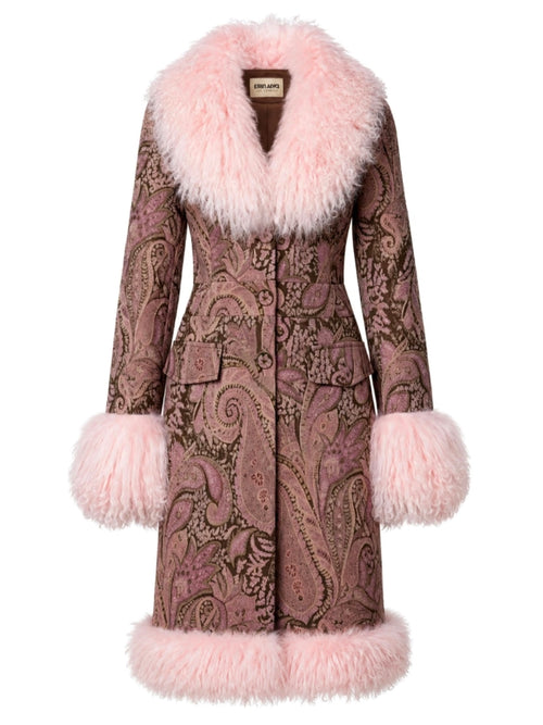 Paisley pink and brown penny lane style fur trim mid length coat shown on white background with brand label tag Erin Alva 