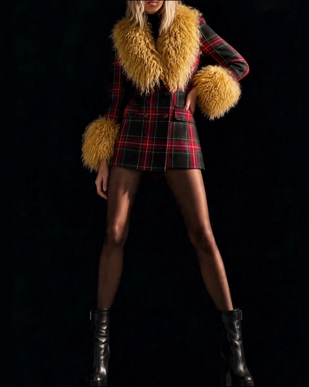A mid 20’s model wears a red and black tartan style or academia prep school inspired  plaid classic tailored longline double breasted blazer or mini coat with luxurious dramatic golden-yellow curly long shaggy soft fluffy Mongolian fur trim on the collar and cuffs,  paired with black designer leather platform high heel mod ankle boots against a solid black background.