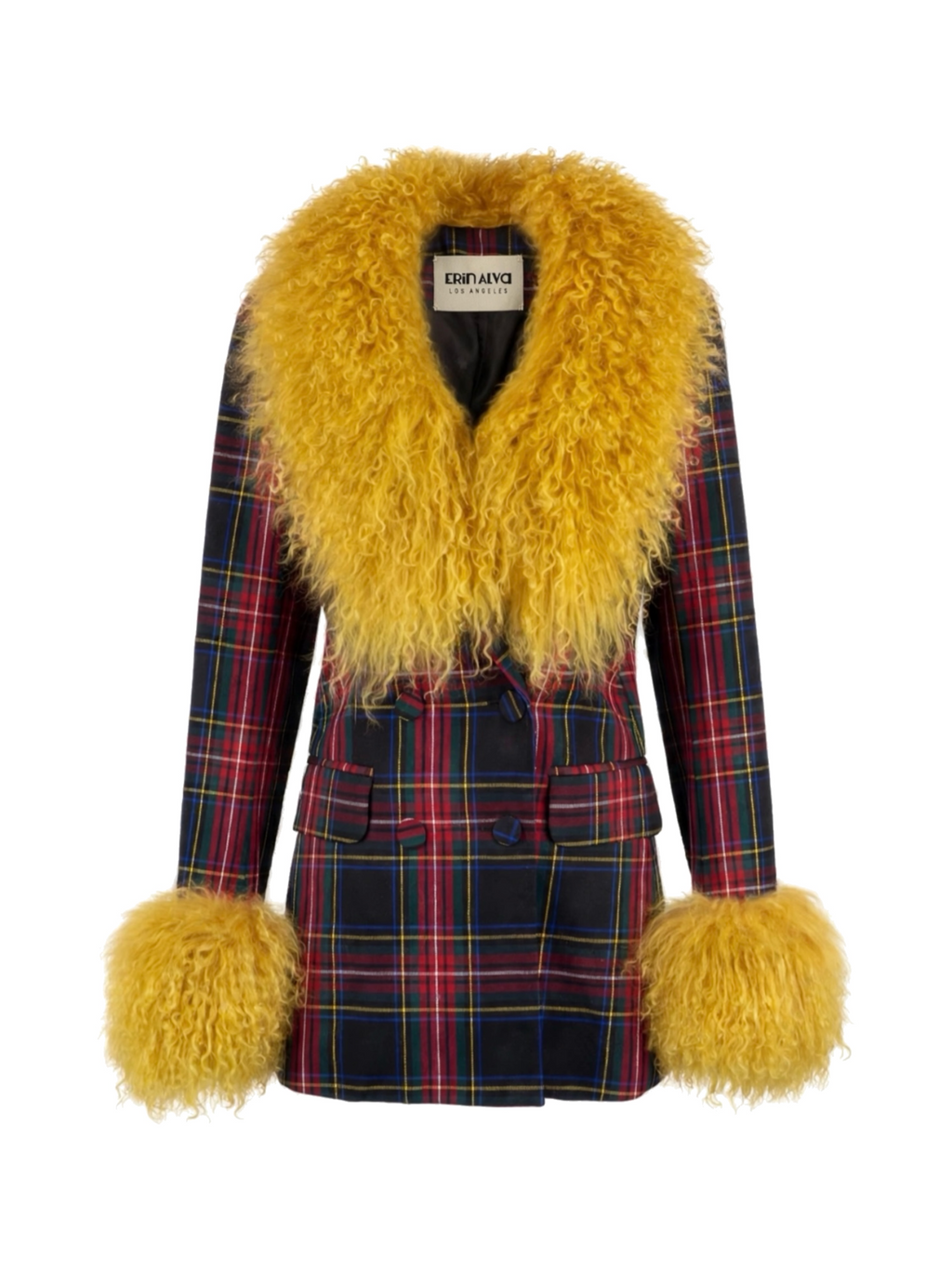 A women's wrap coat featuring a navy blue and red plaid body with yellow and green stripes, trimmed with a large fluffy mustard yellow faux fur collar and matching fluffy yellow fur cuffs, shown on a plain white background.