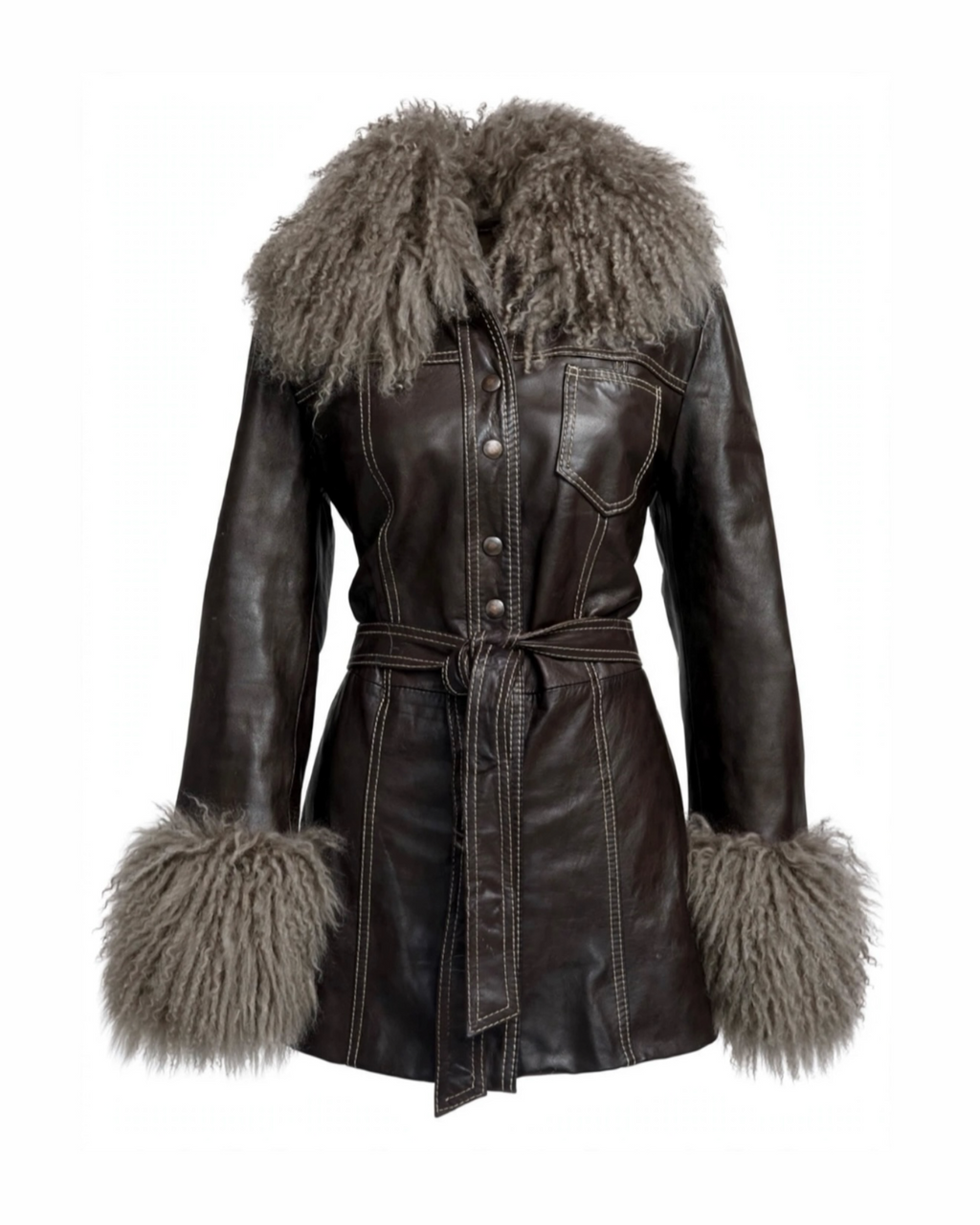 Dark brown vintage 70s leather coat with contrast stitching and tie belt and taupe Mongolian fur collar and cuffs set on a white background 