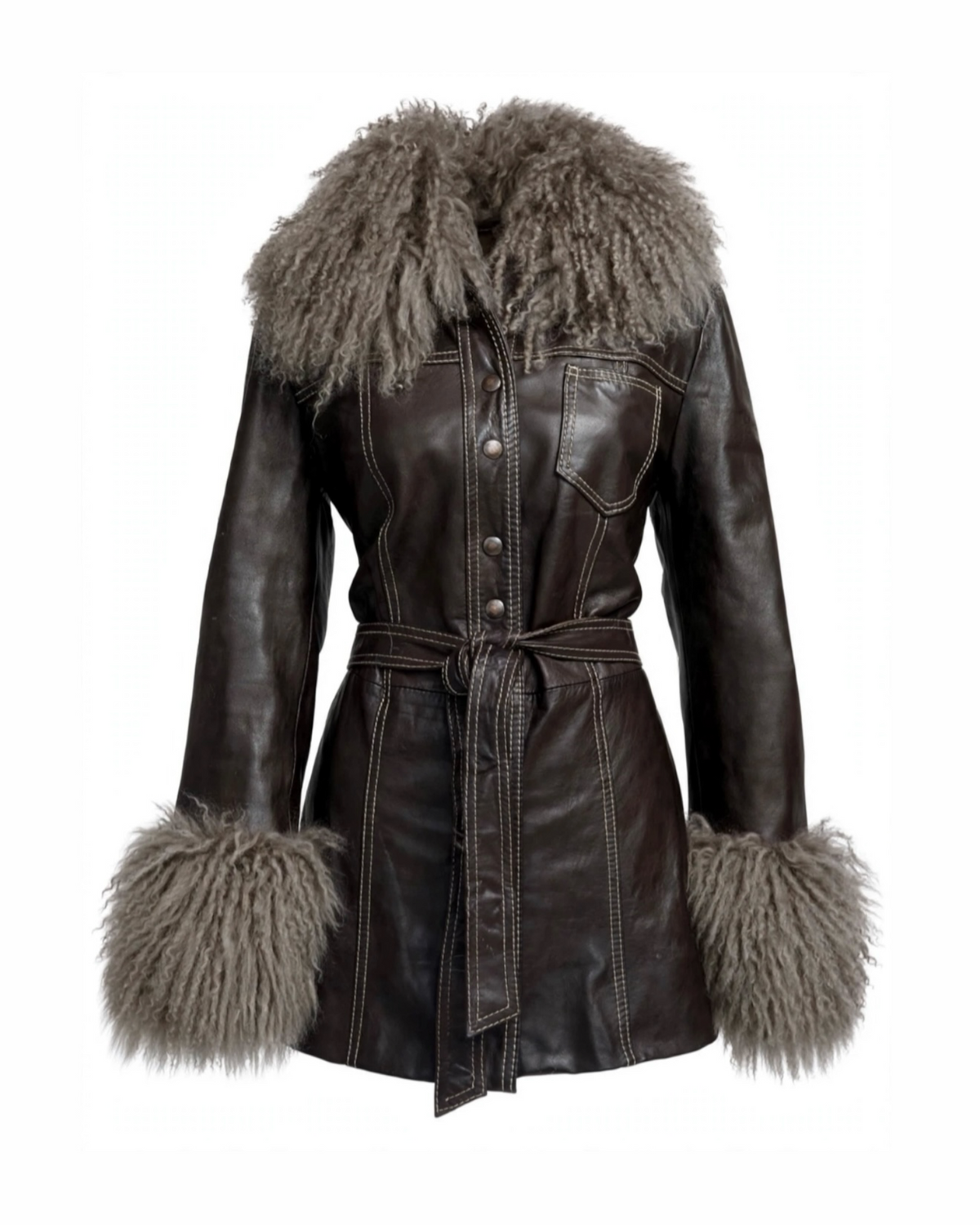 Dark brown vintage 70s leather coat with contrast stitching and tie belt and taupe Mongolian fur collar and cuffs set on a white background 