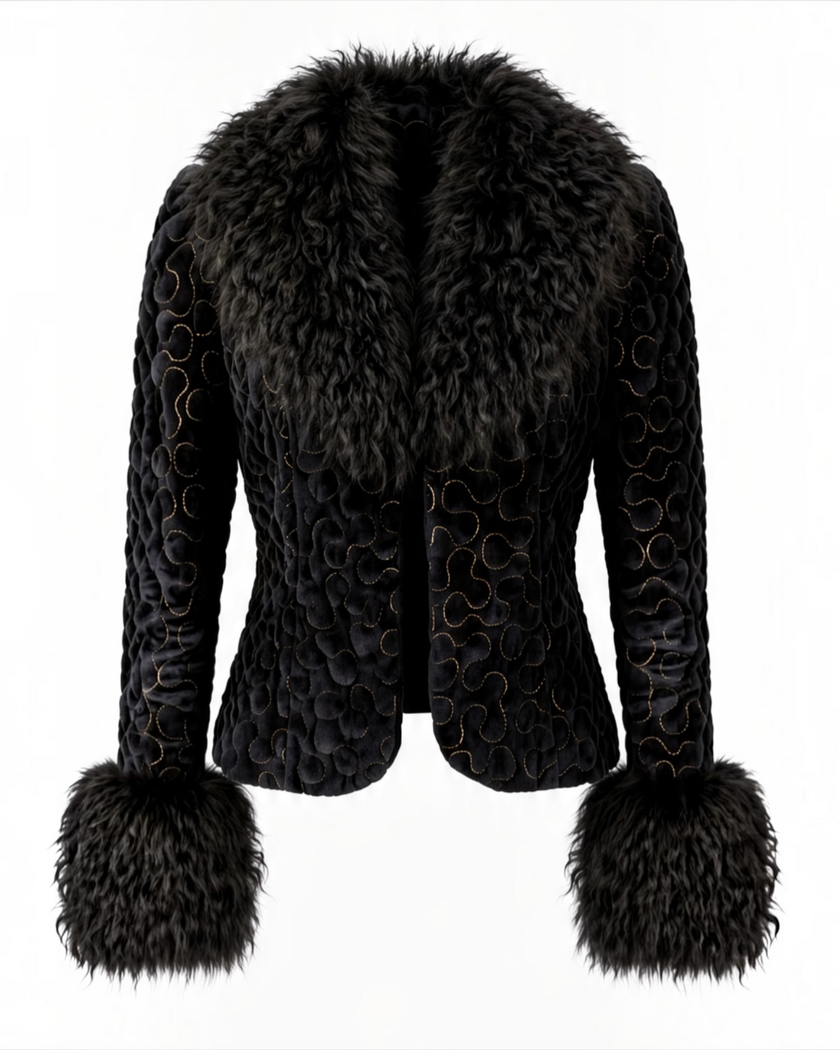Black velvet 3d textured Victorian regal evening  jacket with gold thread embroidery swirl design and black Mongolian fur collar and cuffs 