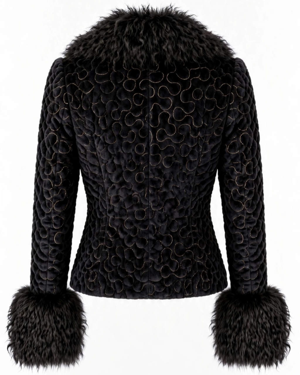 Black velvet textured gold thread embroidered swirl jacket with black Mongolian fur collar and cuffs , shown on white background , back view of jacket . 