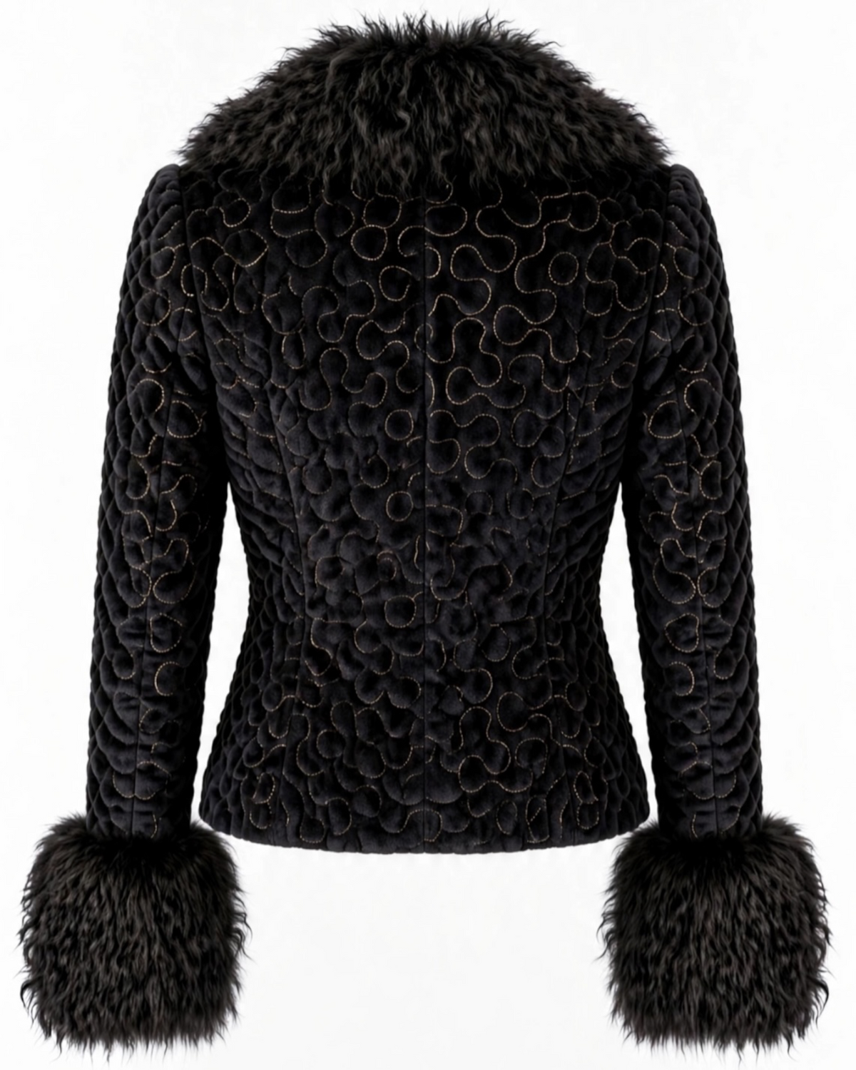 Black velvet textured gold thread embroidered swirl jacket with black Mongolian fur collar and cuffs , shown on white background , back view of jacket . 