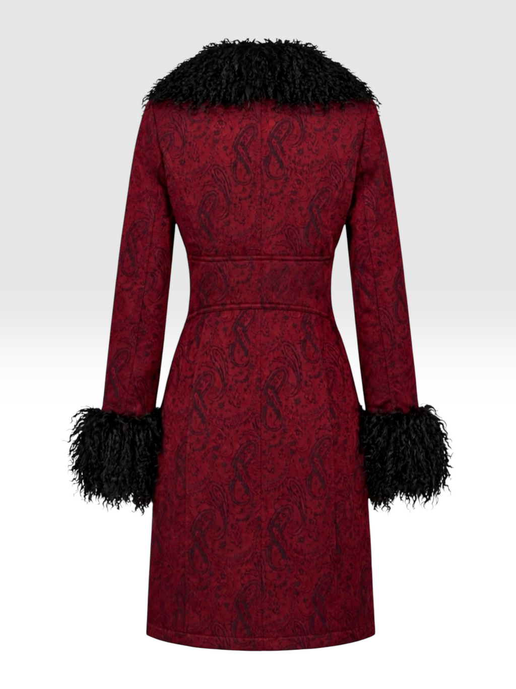Dark red paisley duster coat back view black fur collar and cuffs against white background 
